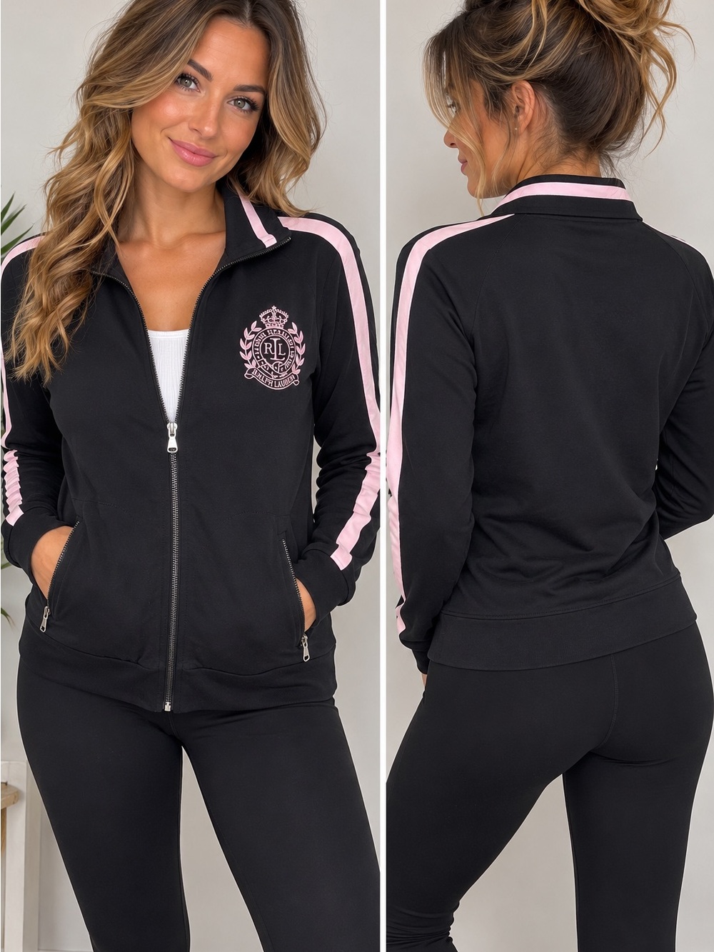 Ralph Lauren Black Jacket with Pink Stripes & Embroidered Crest